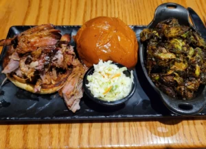 Pulled Pork Sandwich and Brussel Sprouts, Smokecraft, Arlington