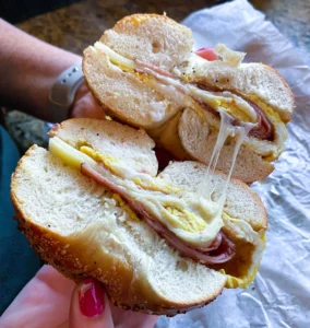 Ham, Egg, and Provolone Bagel Sandwich, Brooklyn Bagel Bakery, Arlington